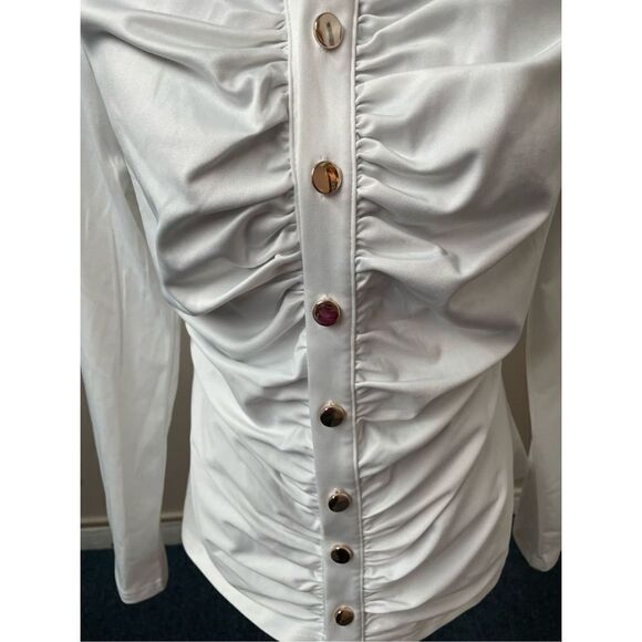 Chicme White V Neck Button Up White Slim Blouse - Picture 2 of 6